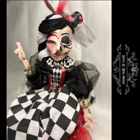 *SOLD* OOAK Gothic Harlequin Jester Skull Clown Doll Masquerade Puppet Baphomet - Picture 14 of 15